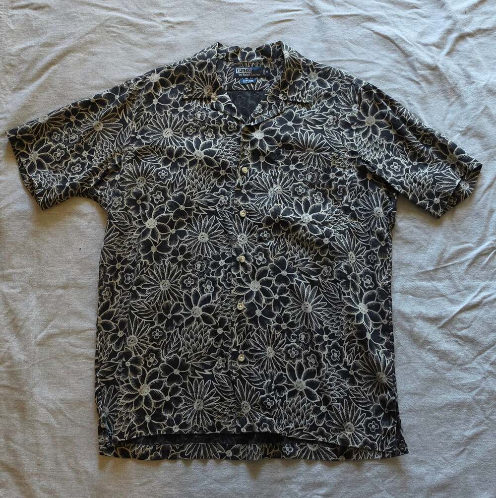 Vintage Polo Ralph Lauren Clayton 100% Linen Shirt Medium Black Floral Hawaiian